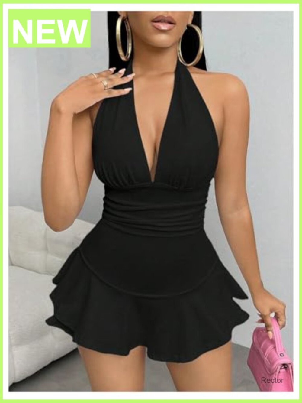 Deep V Neck Sleeveless Halter Romper Ruched Ruffle Backless Jumpsuit - Picture 3 of 7